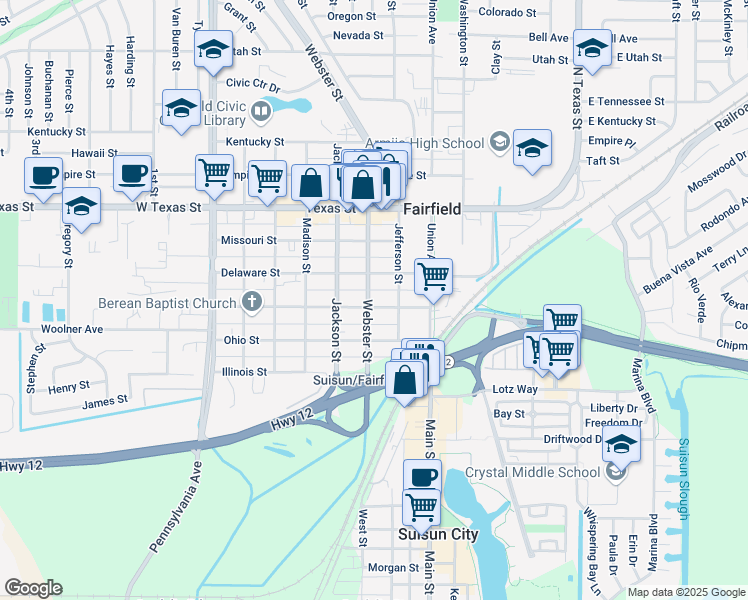 map of restaurants, bars, coffee shops, grocery stores, and more near 332 Webster Street in Fairfield