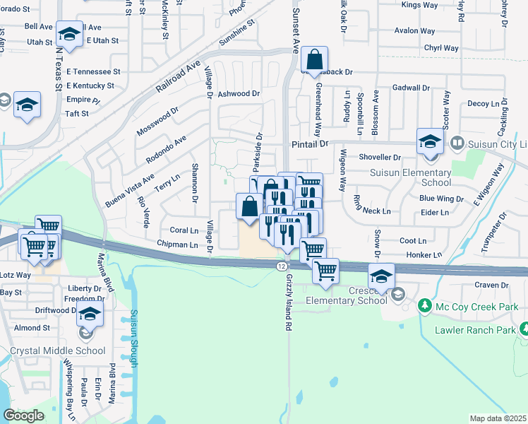 map of restaurants, bars, coffee shops, grocery stores, and more near 270 Sunset Avenue in Suisun City