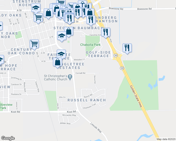 map of restaurants, bars, coffee shops, grocery stores, and more near 10627 Cornell Road in Galt