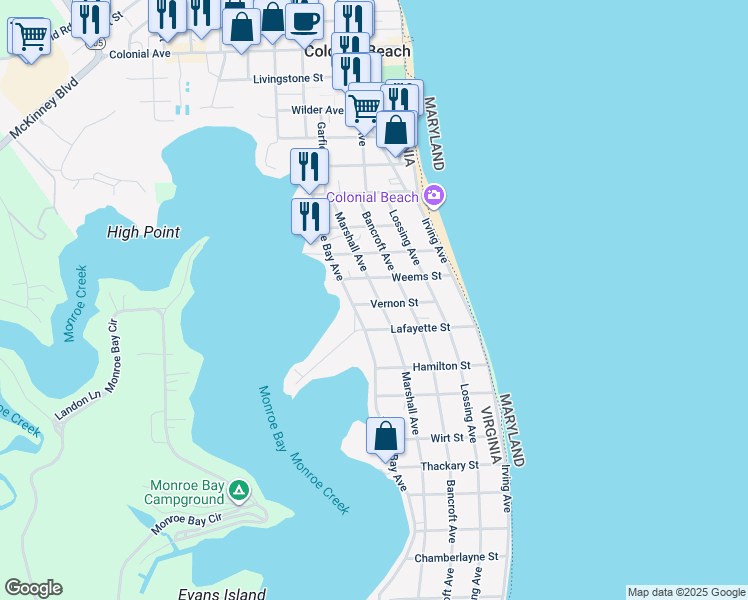 map of restaurants, bars, coffee shops, grocery stores, and more near 323 Marshall Avenue in Colonial Beach