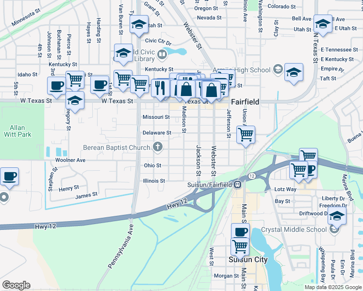 map of restaurants, bars, coffee shops, grocery stores, and more near 421 Madison Street in Fairfield