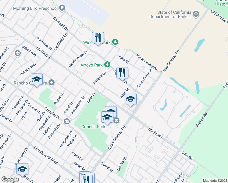 map of restaurants, bars, coffee shops, grocery stores, and more near 1048 Wren Drive in Petaluma