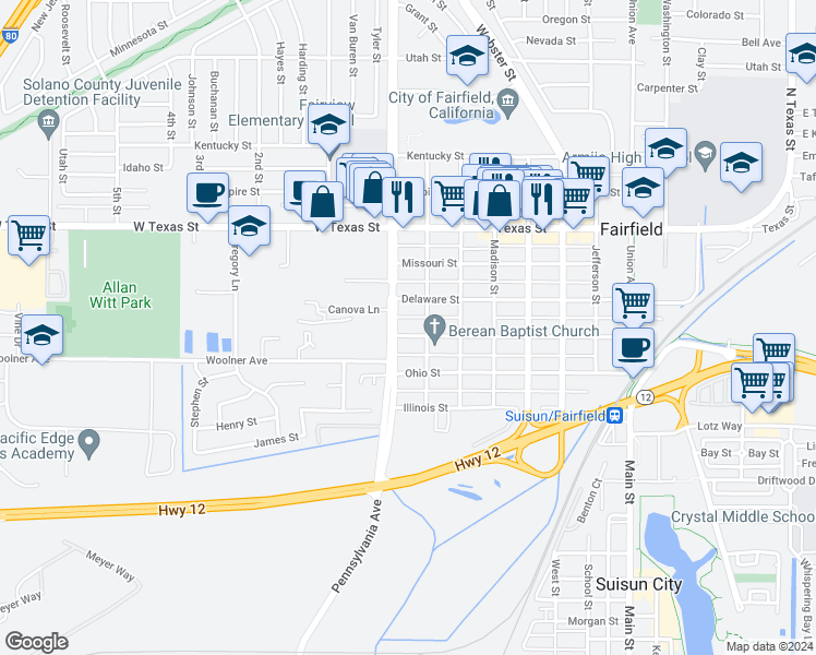 map of restaurants, bars, coffee shops, grocery stores, and more near 1228 Broadway Street in Fairfield