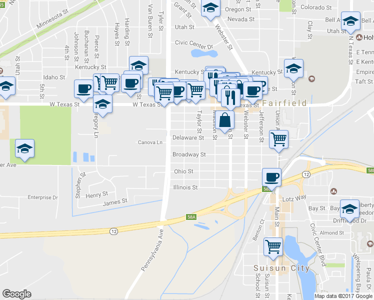 map of restaurants, bars, coffee shops, grocery stores, and more near 1211 Broadway Street in Fairfield