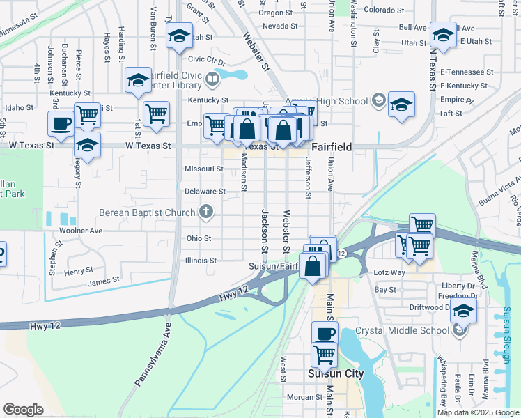 map of restaurants, bars, coffee shops, grocery stores, and more near 326 Jackson Street in Fairfield