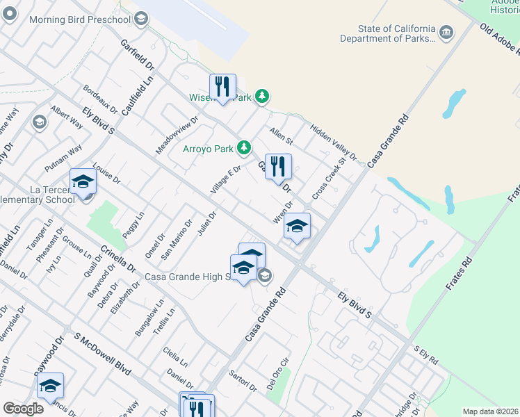 map of restaurants, bars, coffee shops, grocery stores, and more near 1048 Wren Drive in Petaluma