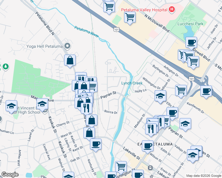 map of restaurants, bars, coffee shops, grocery stores, and more near 119 West Payran Street in Petaluma