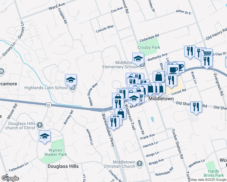 map of restaurants, bars, coffee shops, grocery stores, and more near 11315 Heritage Hill Court in Louisville