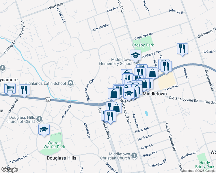 map of restaurants, bars, coffee shops, grocery stores, and more near 202 Club Oak Court in Louisville