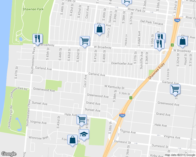 map of restaurants, bars, coffee shops, grocery stores, and more near 1001 South 41st Street in Louisville