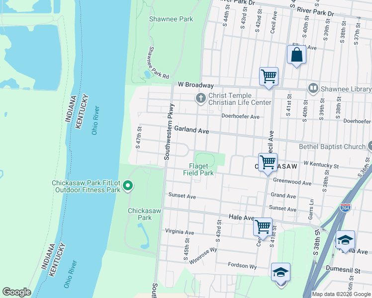 map of restaurants, bars, coffee shops, grocery stores, and more near 4526 Westchester Avenue in Louisville