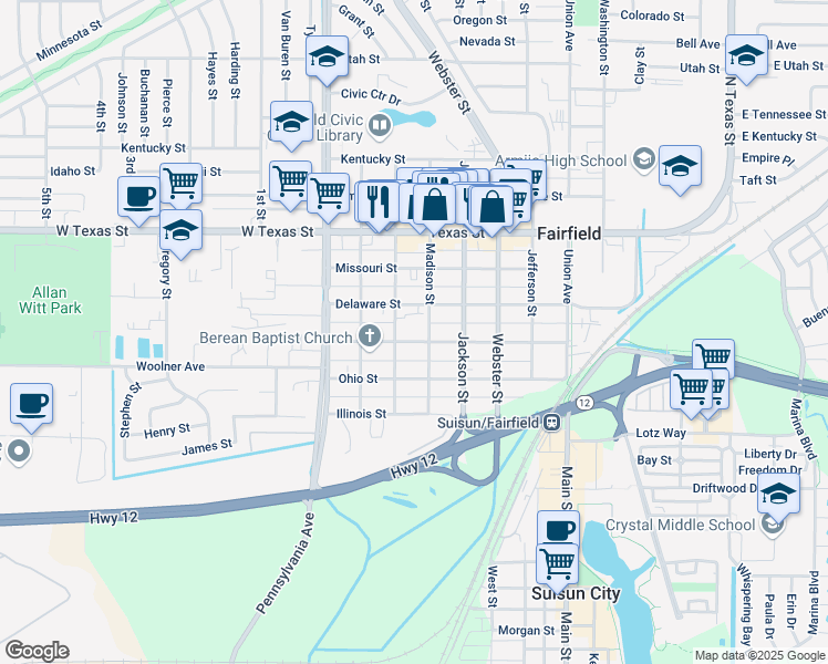 map of restaurants, bars, coffee shops, grocery stores, and more near 947 Broadway Street in Fairfield