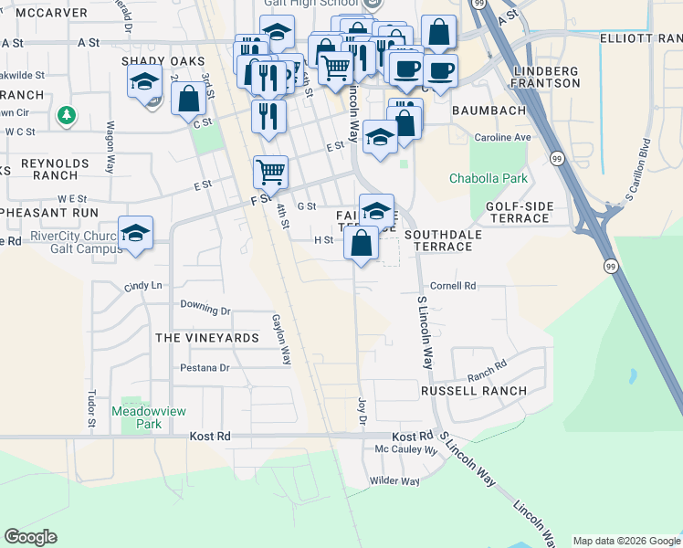 map of restaurants, bars, coffee shops, grocery stores, and more near 14105-14109 Joy Drive in Galt