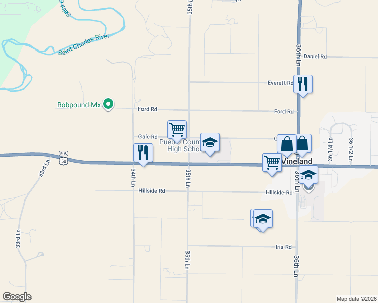 map of restaurants, bars, coffee shops, grocery stores, and more near 35717-35855 Santa Fe Drive in Pueblo