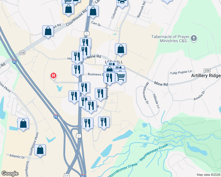 map of restaurants, bars, coffee shops, grocery stores, and more near 10651 Spotsylvania Avenue in Fredericksburg