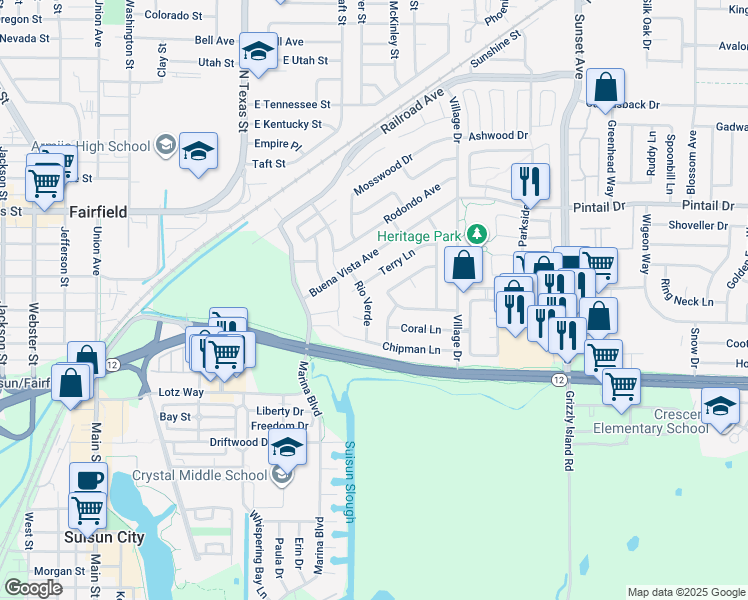 map of restaurants, bars, coffee shops, grocery stores, and more near 519 Rio Verde in Suisun City