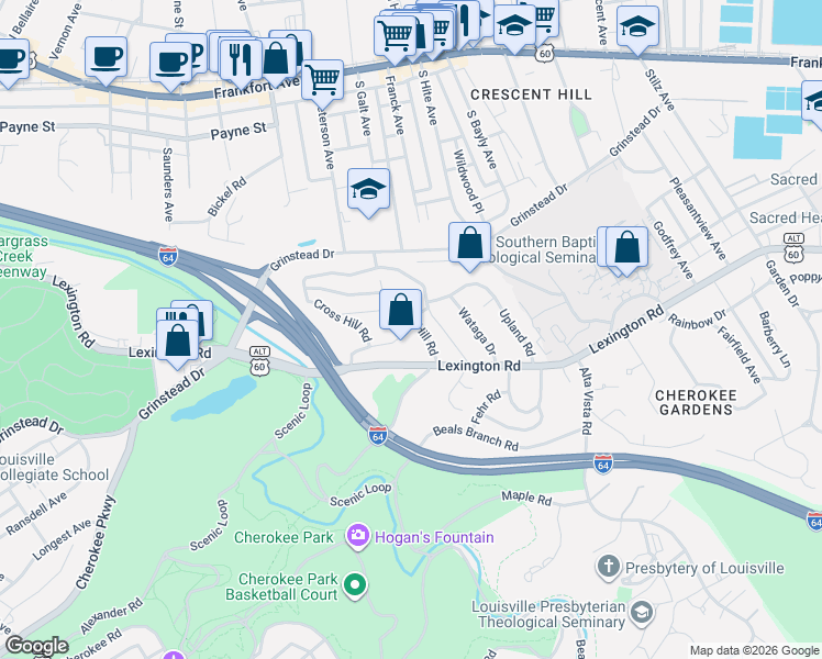 map of restaurants, bars, coffee shops, grocery stores, and more near 2306 Raleigh Lane in Louisville
