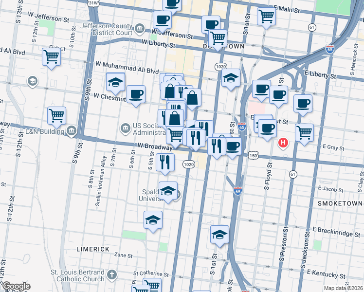 map of restaurants, bars, coffee shops, grocery stores, and more near 323 West Broadway in Louisville