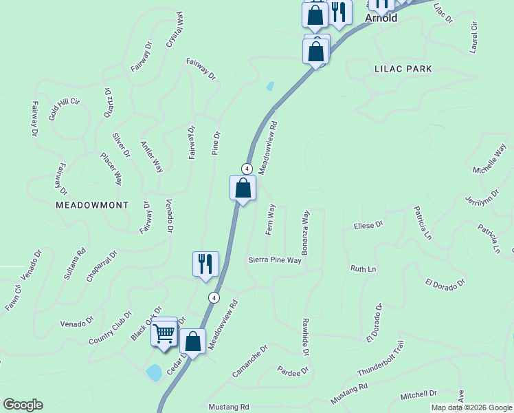 map of restaurants, bars, coffee shops, grocery stores, and more near 1821 Meadowview Road in Arnold