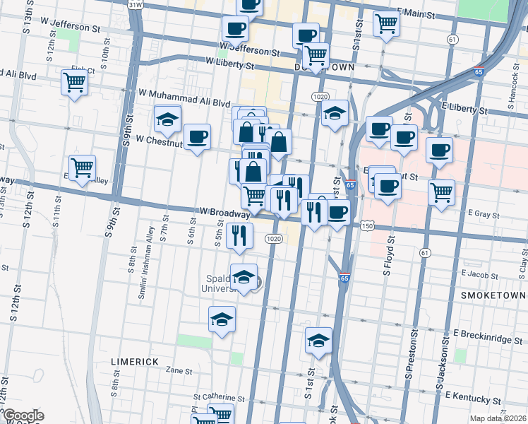 map of restaurants, bars, coffee shops, grocery stores, and more near 324 West Broadway in Louisville
