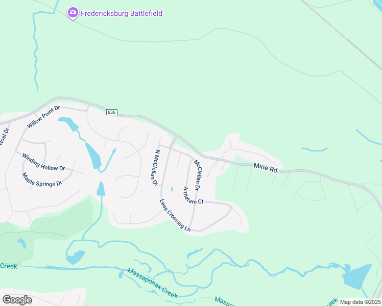 map of restaurants, bars, coffee shops, grocery stores, and more near 3401 McClellan Drive in Fredericksburg