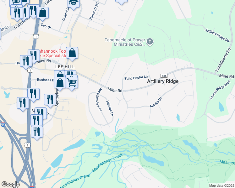 map of restaurants, bars, coffee shops, grocery stores, and more near 10405 Amherst Circle in Fredericksburg