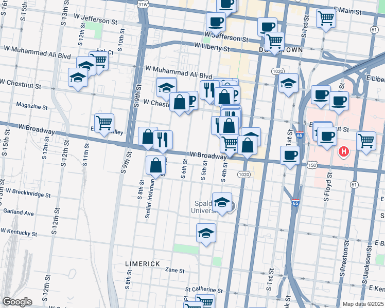 map of restaurants, bars, coffee shops, grocery stores, and more near 525 West Broadway in Louisville