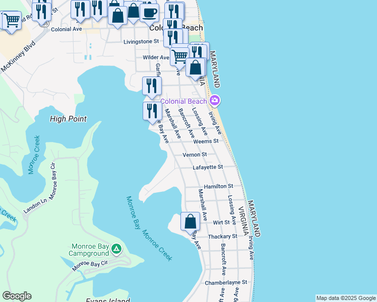 map of restaurants, bars, coffee shops, grocery stores, and more near 318 Marshall Avenue in Colonial Beach