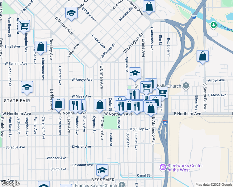 map of restaurants, bars, coffee shops, grocery stores, and more near 1121 Pine Street in Pueblo