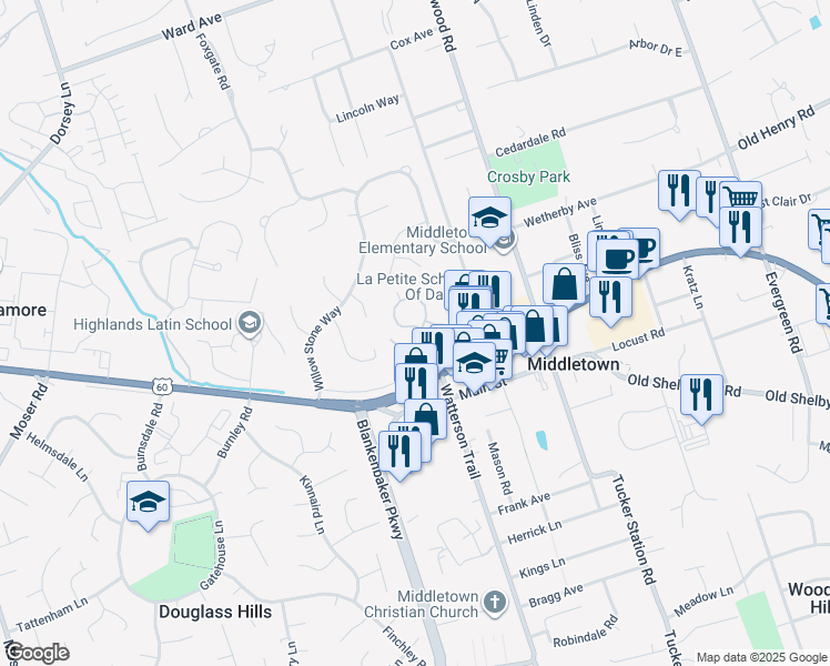 map of restaurants, bars, coffee shops, grocery stores, and more near 324 Heritage Hill Trail in Louisville