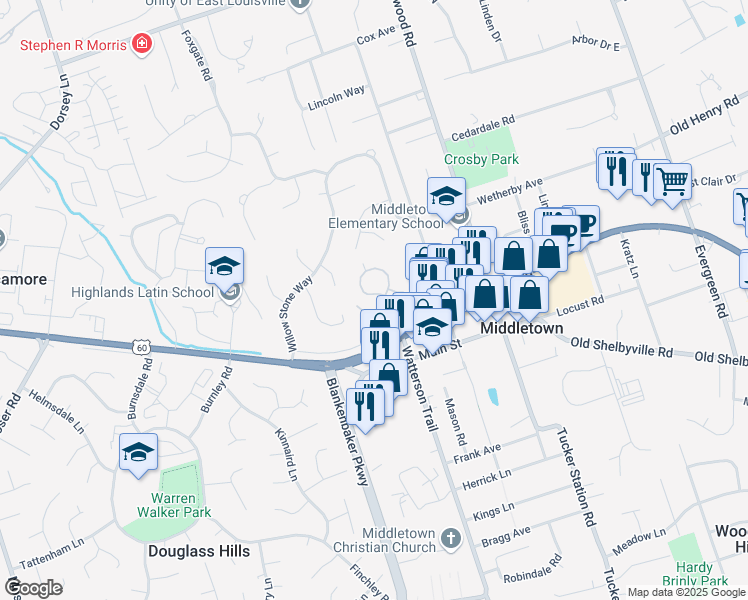 map of restaurants, bars, coffee shops, grocery stores, and more near 324 Heritage Hill Trail in Louisville