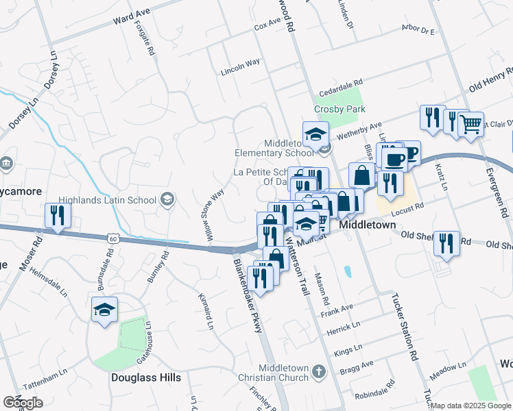 map of restaurants, bars, coffee shops, grocery stores, and more near 303 Stodghill Place in Louisville