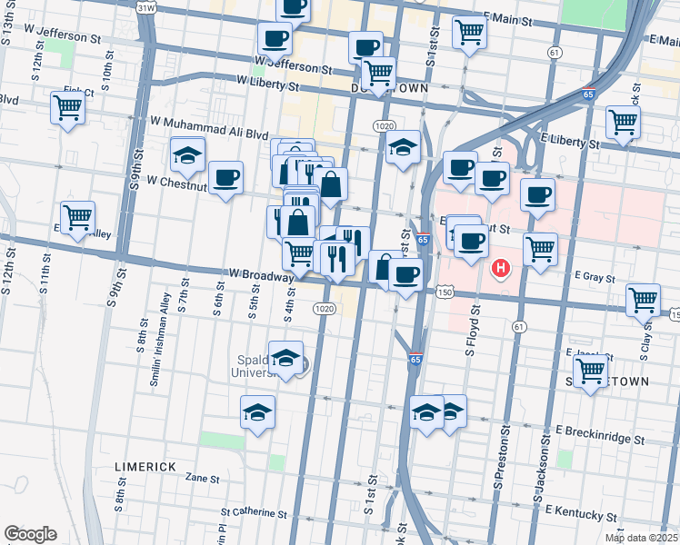 map of restaurants, bars, coffee shops, grocery stores, and more near 651 South 3rd Street in Louisville