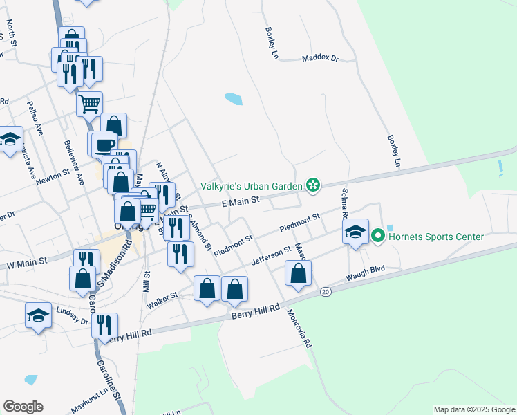 map of restaurants, bars, coffee shops, grocery stores, and more near 282 East Main Street in Orange