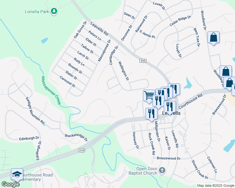map of restaurants, bars, coffee shops, grocery stores, and more near 5801 Cambridge Drive in Fredericksburg