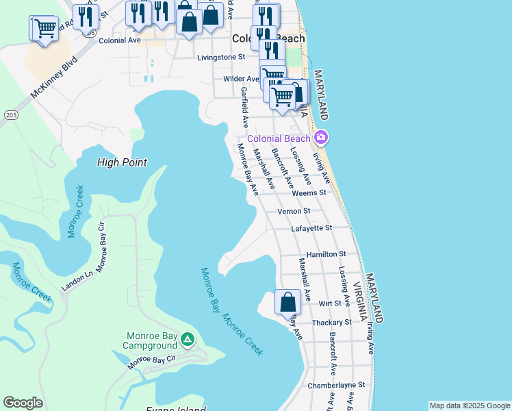 map of restaurants, bars, coffee shops, grocery stores, and more near 307 Monroe Bay Avenue in Colonial Beach