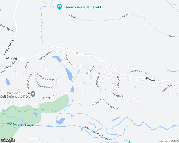 map of restaurants, bars, coffee shops, grocery stores, and more near 3799 Bricken Lane in Fredericksburg