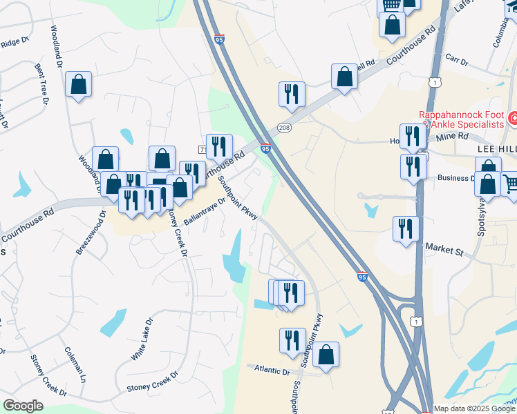 map of restaurants, bars, coffee shops, grocery stores, and more near 10729 Wakeman Drive in Fredericksburg