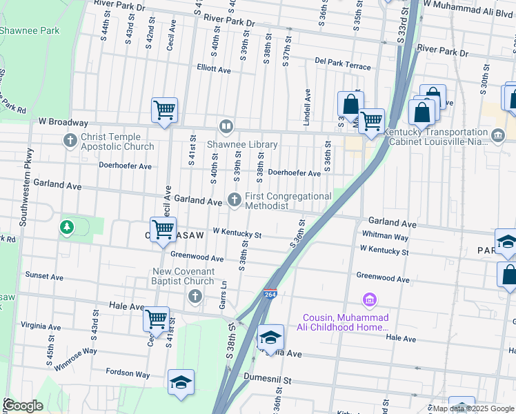 map of restaurants, bars, coffee shops, grocery stores, and more near South 38th Street in Louisville