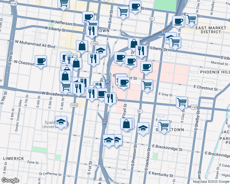 map of restaurants, bars, coffee shops, grocery stores, and more near 200 East Gray Street in Louisville