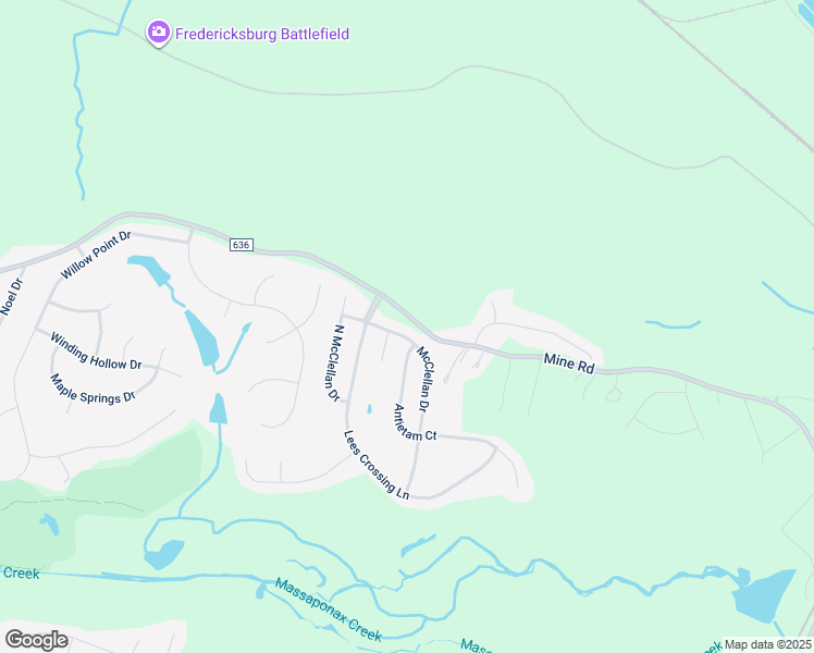 map of restaurants, bars, coffee shops, grocery stores, and more near 3403 McClellan Drive in Fredericksburg