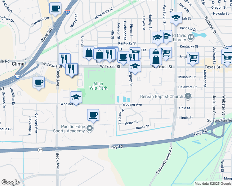 map of restaurants, bars, coffee shops, grocery stores, and more near 423 Gregory Lane in Fairfield