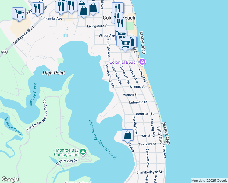 map of restaurants, bars, coffee shops, grocery stores, and more near 307 Monroe Bay Avenue in Colonial Beach