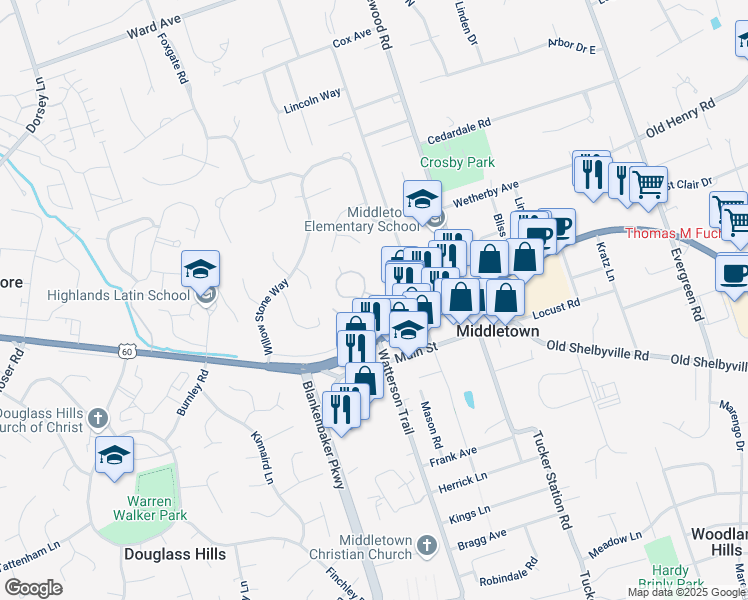 map of restaurants, bars, coffee shops, grocery stores, and more near 204 Old Harrods Creek Road in Louisville