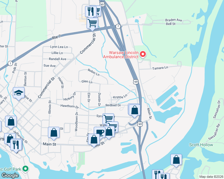 map of restaurants, bars, coffee shops, grocery stores, and more near Krystie Lane in Warsaw