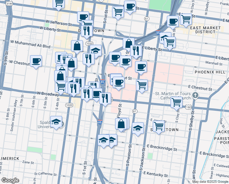 map of restaurants, bars, coffee shops, grocery stores, and more near 203 East Gray Street in Louisville