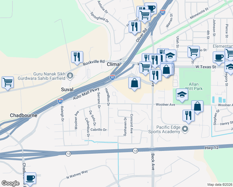map of restaurants, bars, coffee shops, grocery stores, and more near 133 Creek View Circle in Fairfield