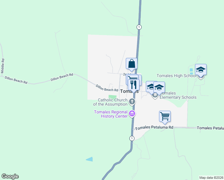 map of restaurants, bars, coffee shops, grocery stores, and more near Dillon Beach Road in Tomales
