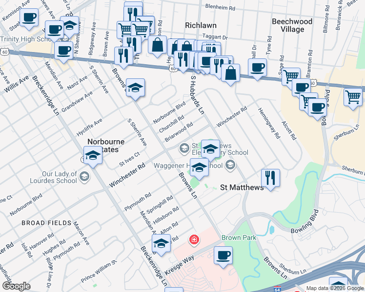 map of restaurants, bars, coffee shops, grocery stores, and more near 4217 Winchester Road in Louisville