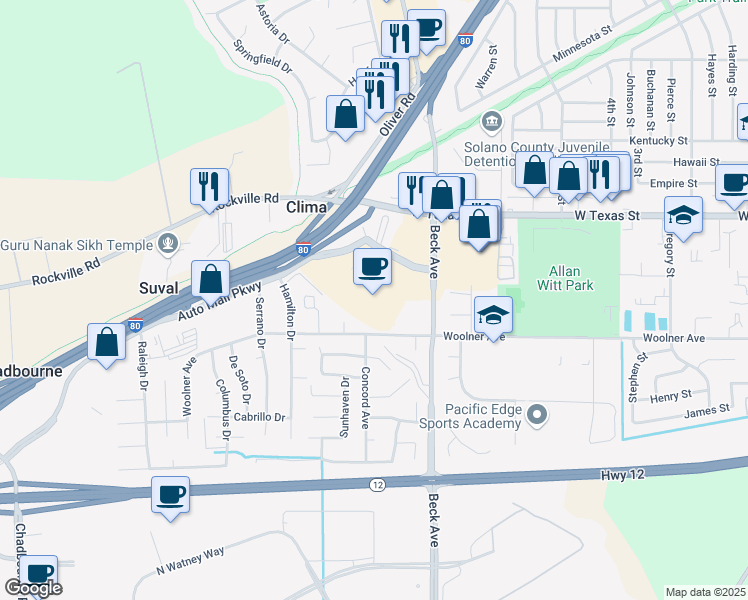 map of restaurants, bars, coffee shops, grocery stores, and more near 2059 Cadenasso Drive in Fairfield